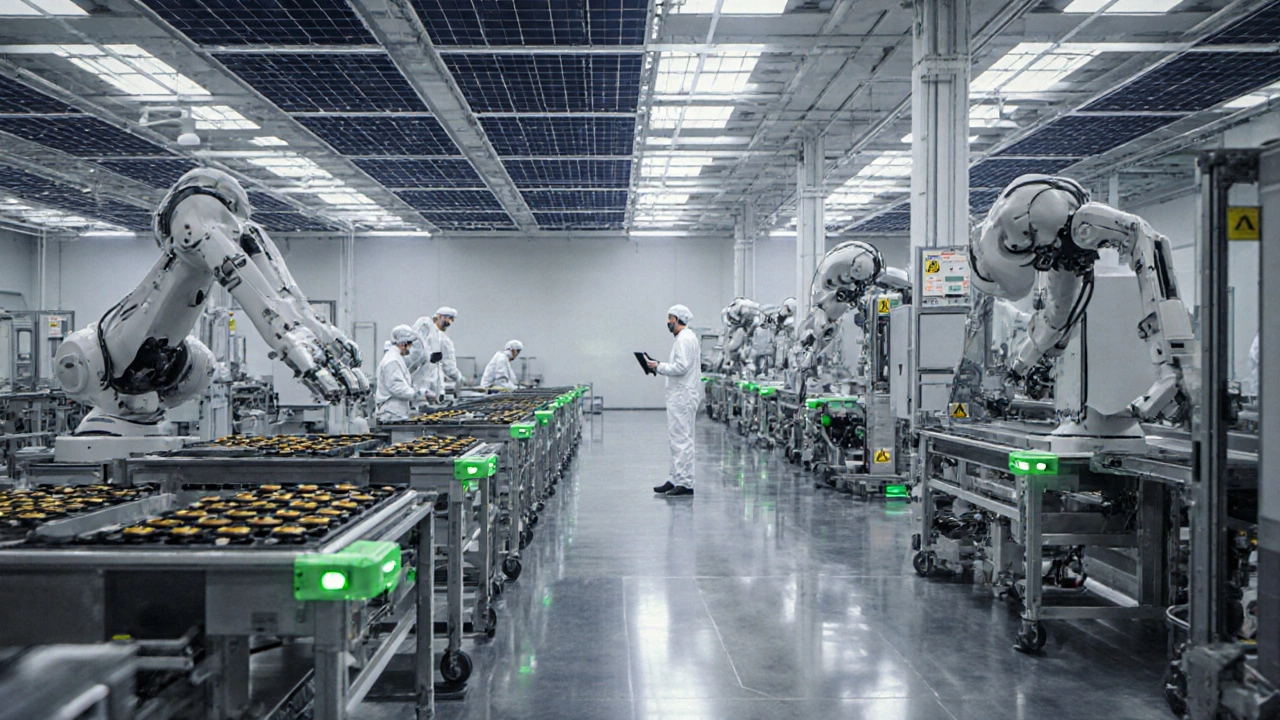 Automated cleanroom battery assembly line with robots and workers in white suits.