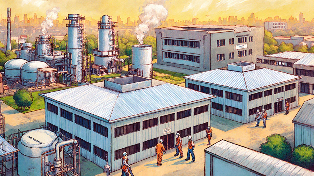 Busy GIDC industrial estate with chemical plants, technicians, and a nearby college.