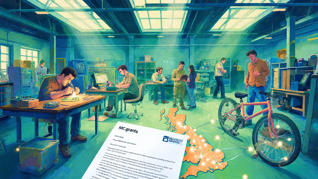 Busy maker hub with entrepreneurs, prototype bikes, and a UK map highlighting grant programs.