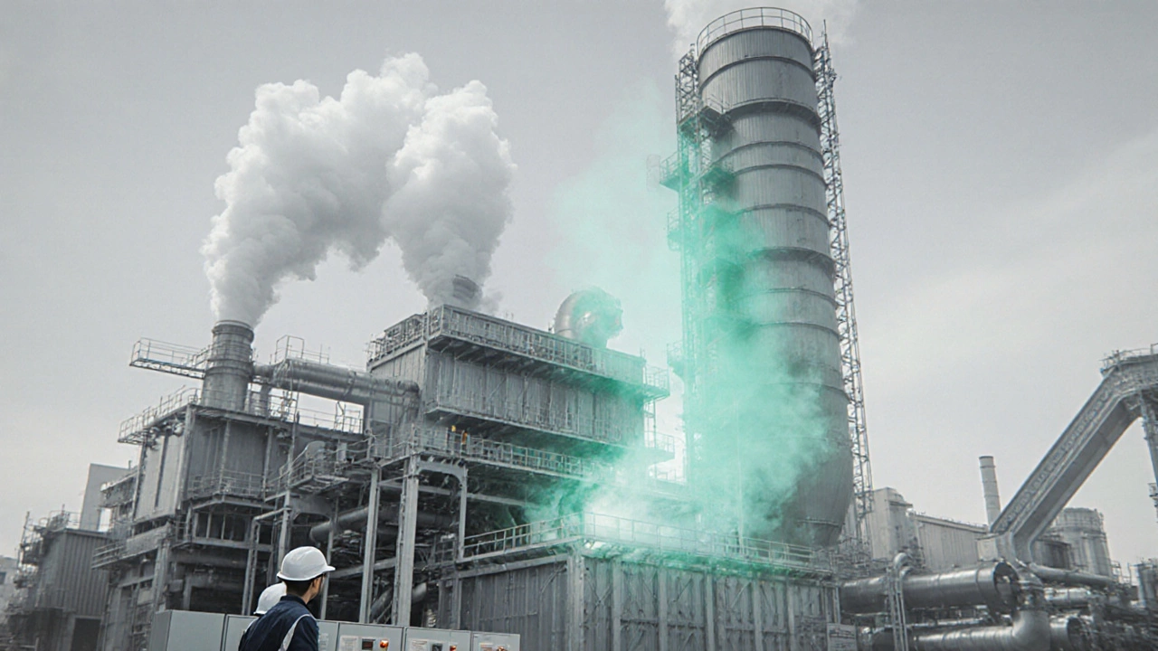China Baowu steel plant with carbon‑capture system releasing blue‑green vapor, workers monitoring equipment.