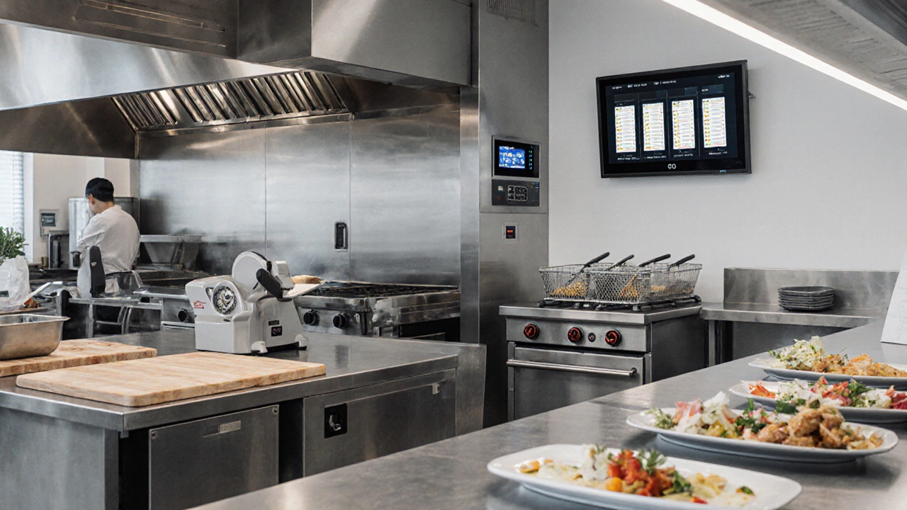 Close‑up of prep, cooking, and plating stations with digital order screen in a CPU.