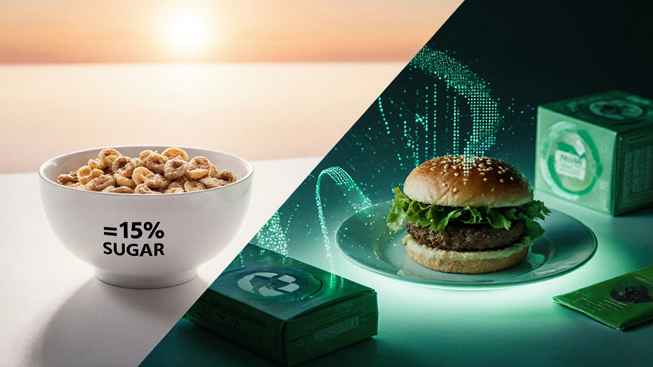 Conceptual scene of sugar‑reduced cereal and plant‑based product with eco‑friendly packaging.