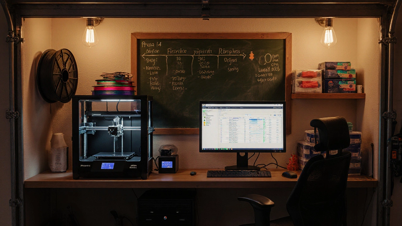Converted garage with a 3D printer, resin printer, computer displaying orders, and a chalkboard launch timeline.