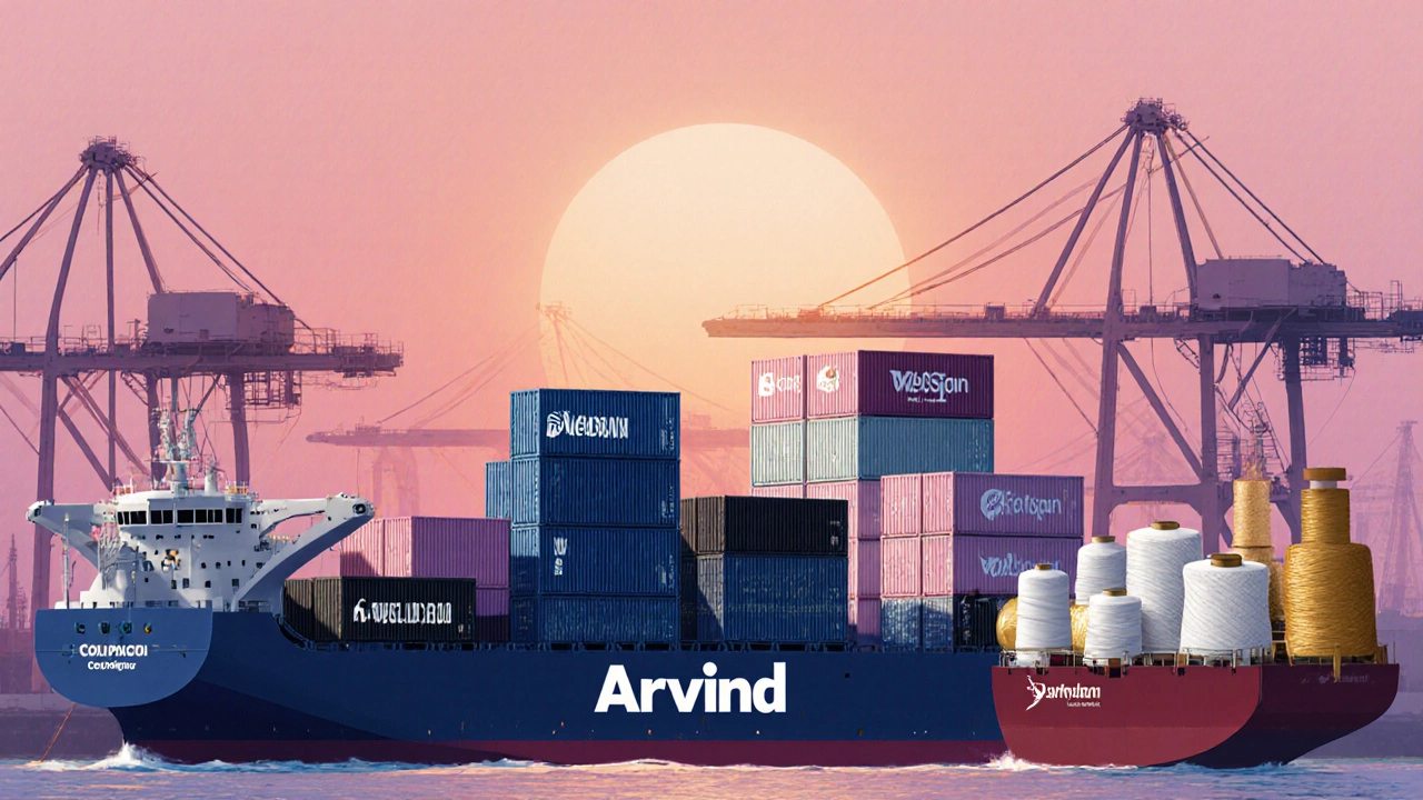 Dawn at an international port with stacked containers of denim, suiting fabric, towels, synthetic fibers, and cotton yarn.
