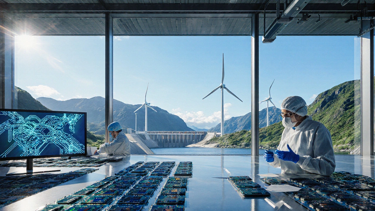 Electronics factory beside Norwegian fjords with hydro and wind power in the background.