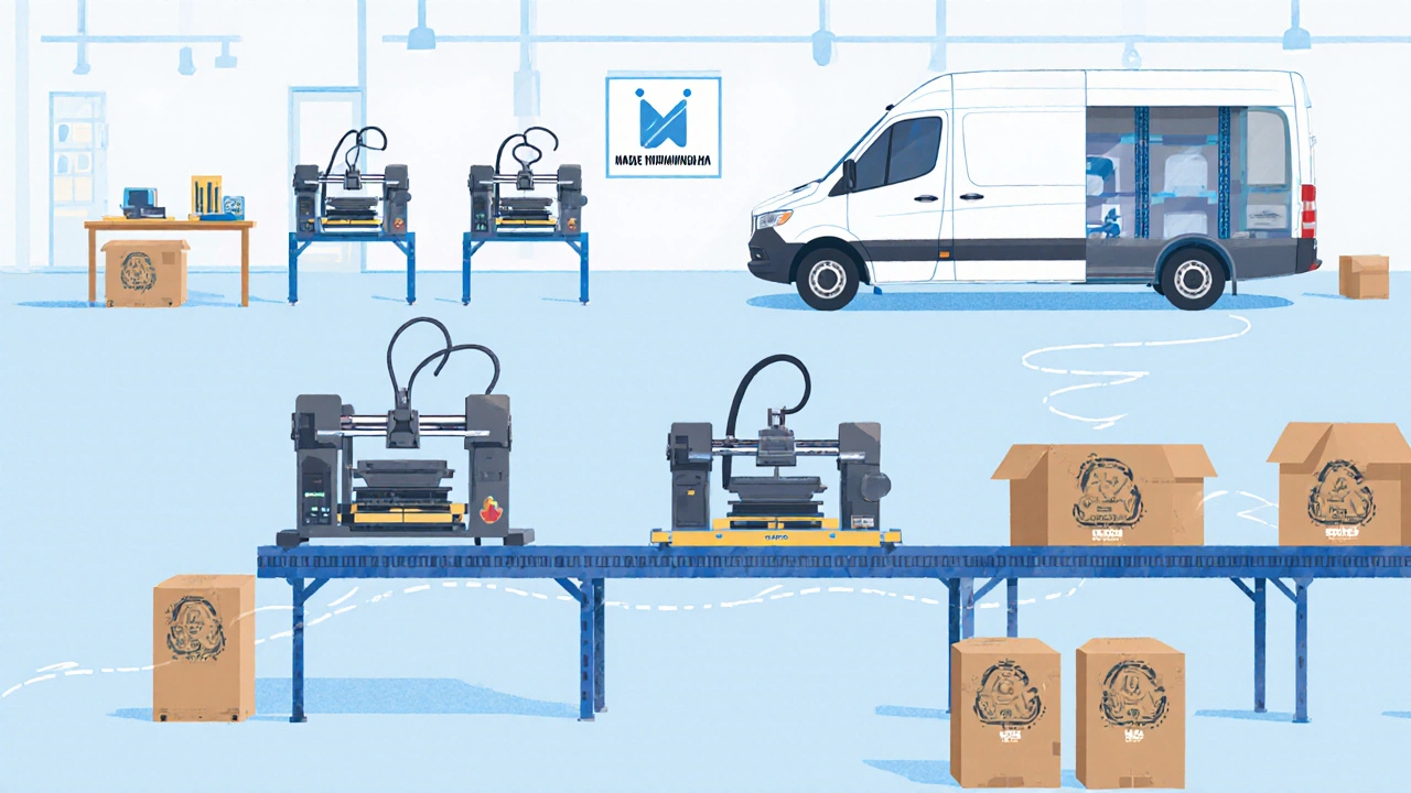 Expanded workshop with multiple printers, screen‑printing press, packaging line, and a delivery van ready to ship.