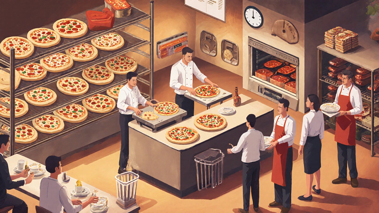 Fast‑casual pizza kitchen using a CPU for quick assembly and reduced waste.