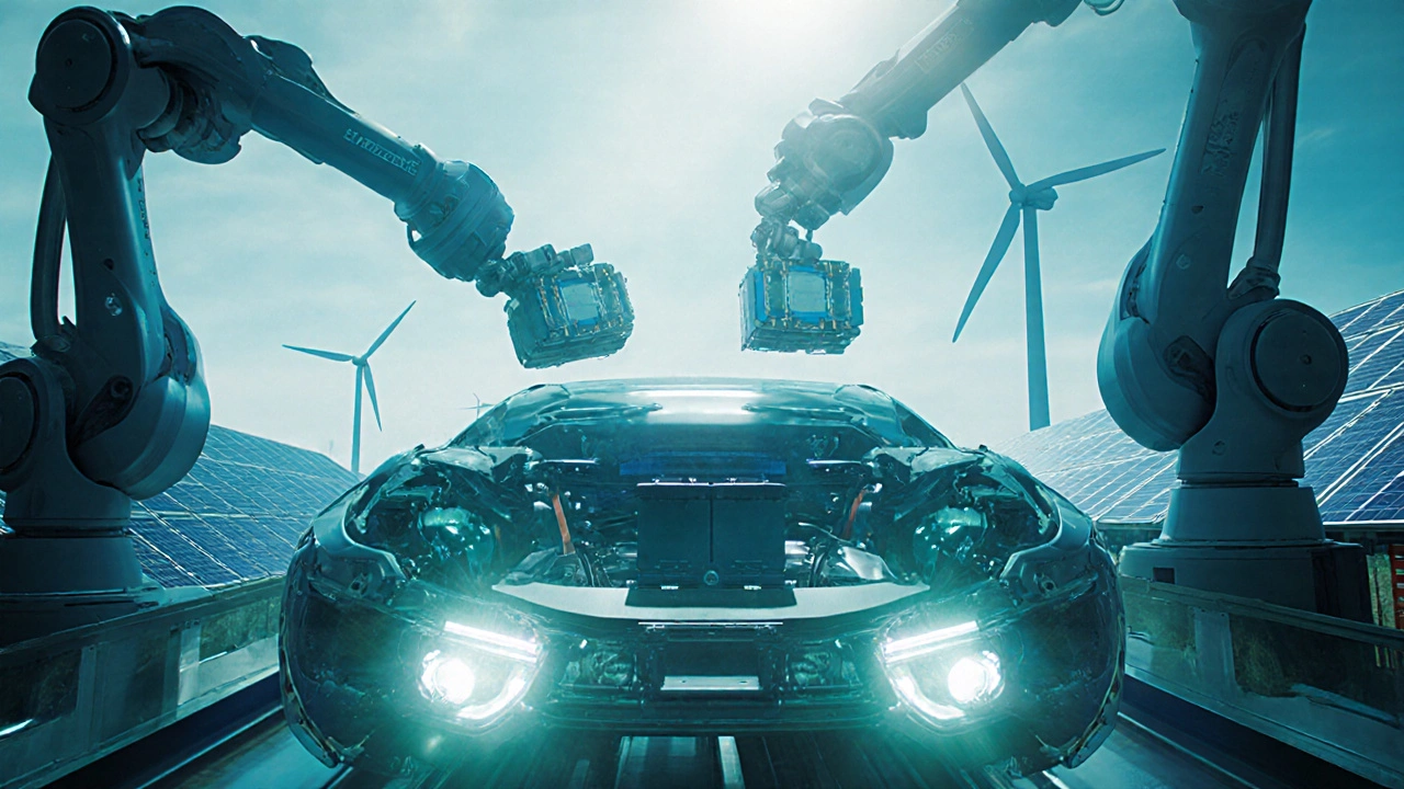 Futuristic EV assembly line in Lahore with robots installing batteries under green energy backdrop.