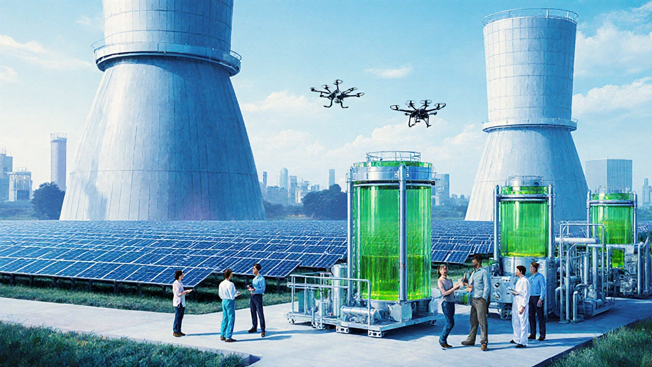 Futuristic green chemical park in Gujarat with solar panels, carbon capture, and drones.