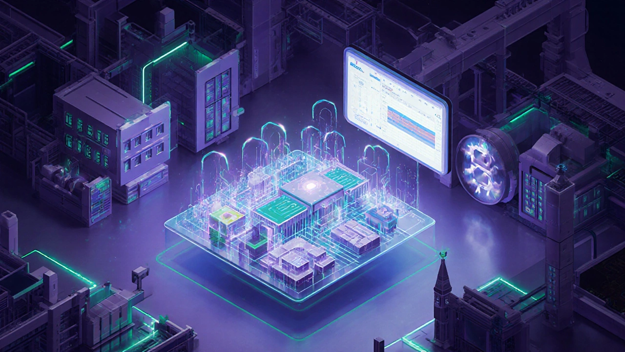 Futuristic holographic digital twin linking BOM data to an AI MOM system.