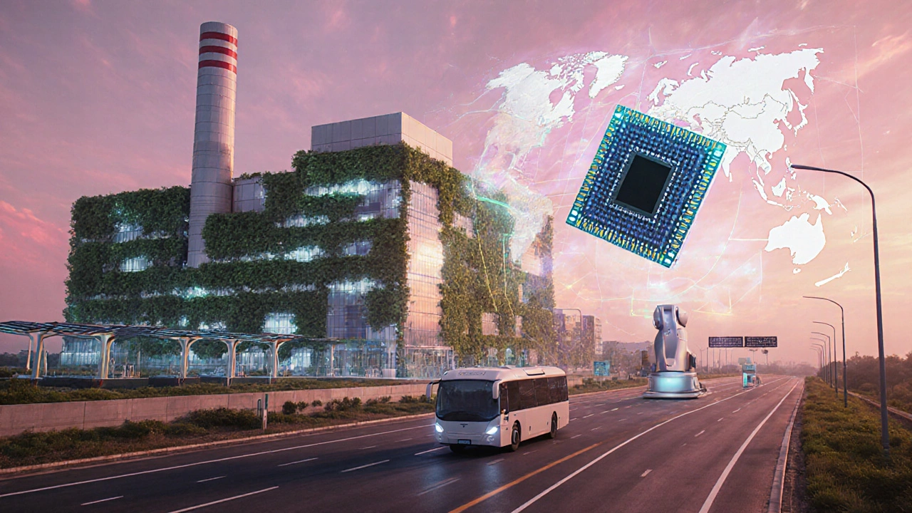 Futuristic Indian Gigafactory with electric buses, solar panels, and holographic export map.