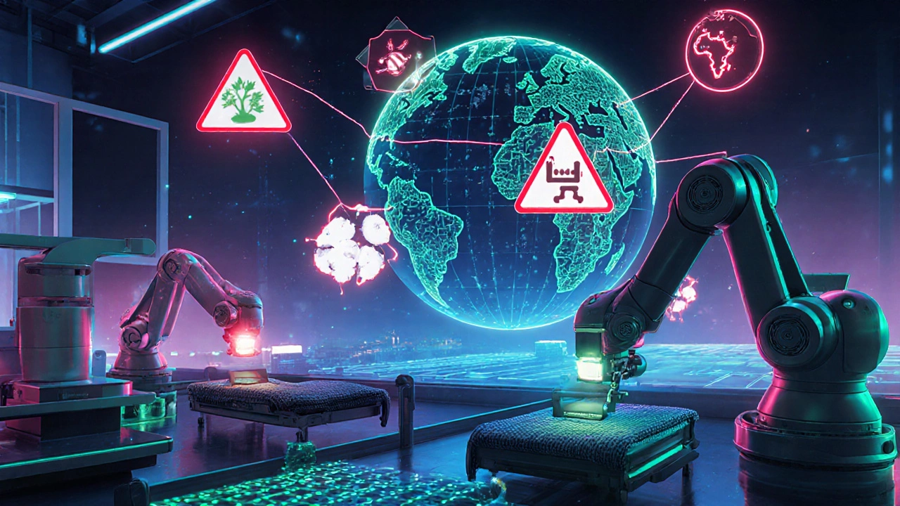 Futuristic scene of automated textile production and digital marketplace for sustainable fabrics.