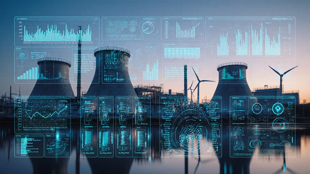 Futuristic steel mill overlaid with holographic AI data, hydrogen tanks and wind turbines in the background.