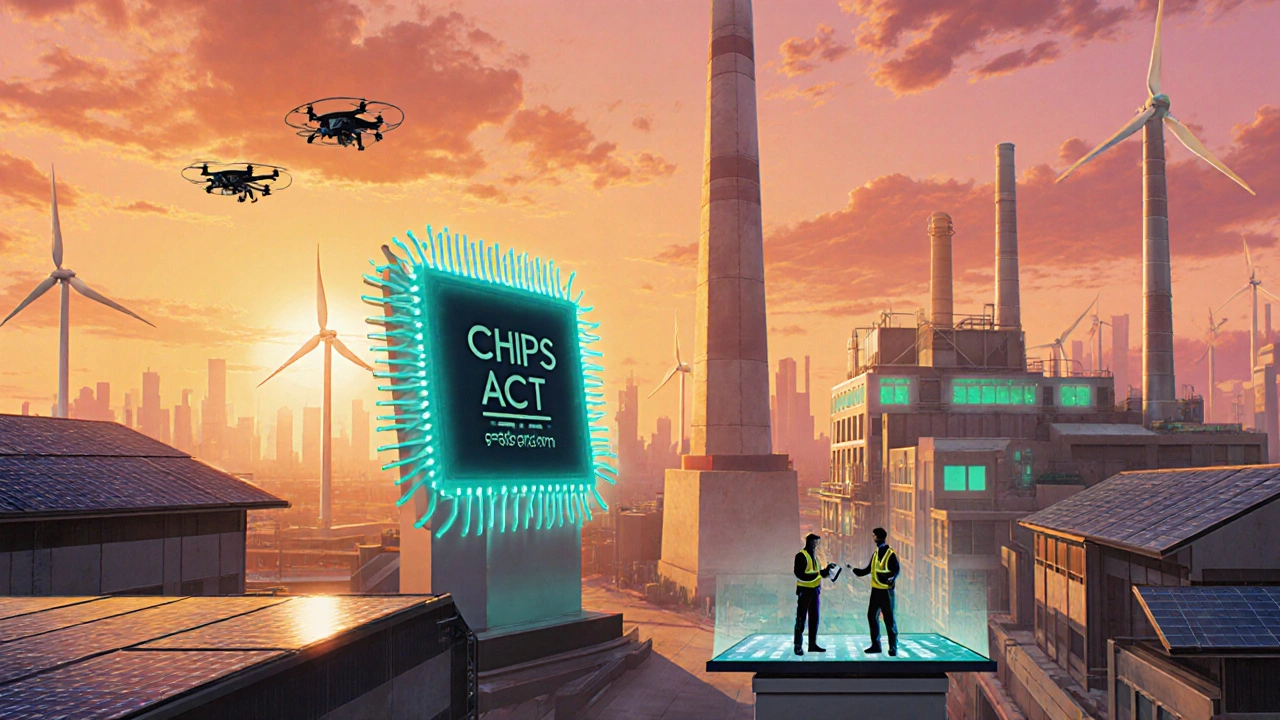 Futuristic US factory district at sunrise with solar panels, wind turbines and a glowing chip monument.