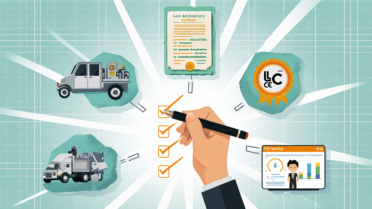 Hand checking off icons for grants, suppliers, equipment, and certifications.