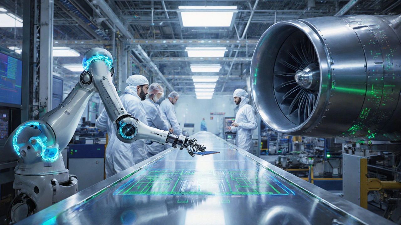 High-tech cleanroom with robots assembling semiconductor chips and aerospace parts.