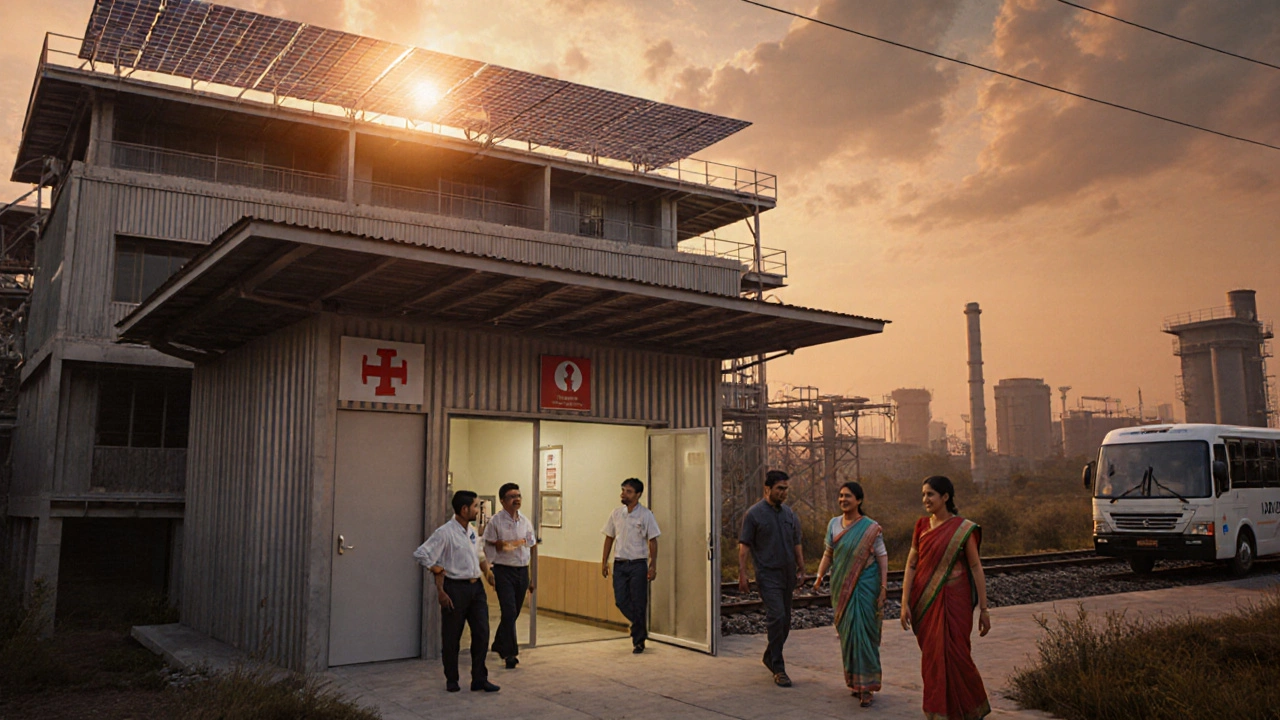 Indian electronics plant with rooftop solar, on‑site clinic, shuttle and rail logistics.