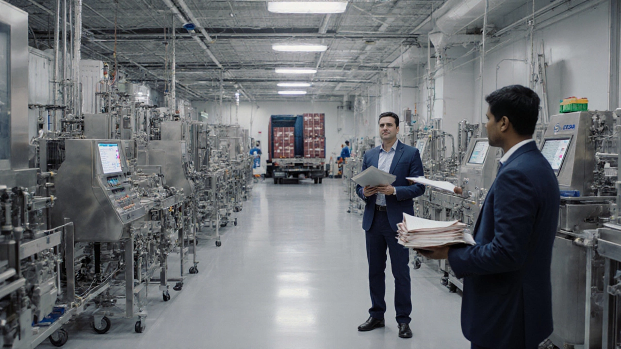 Indian pharma plant with a US FDA inspector reviewing compliance documents.