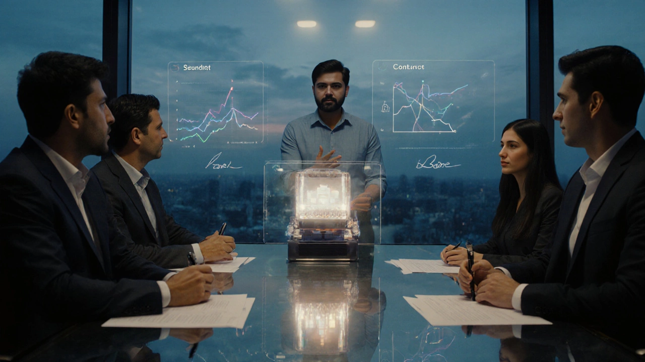 Inventor presenting a prototype to buyers with signed contracts on a table.