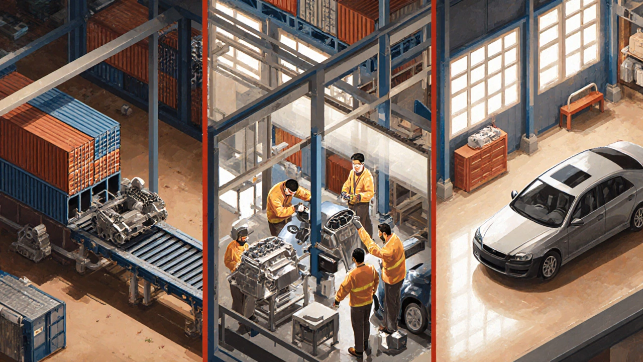 Isometric illustration of CKD car assembly steps: part delivery, welding, final integration.