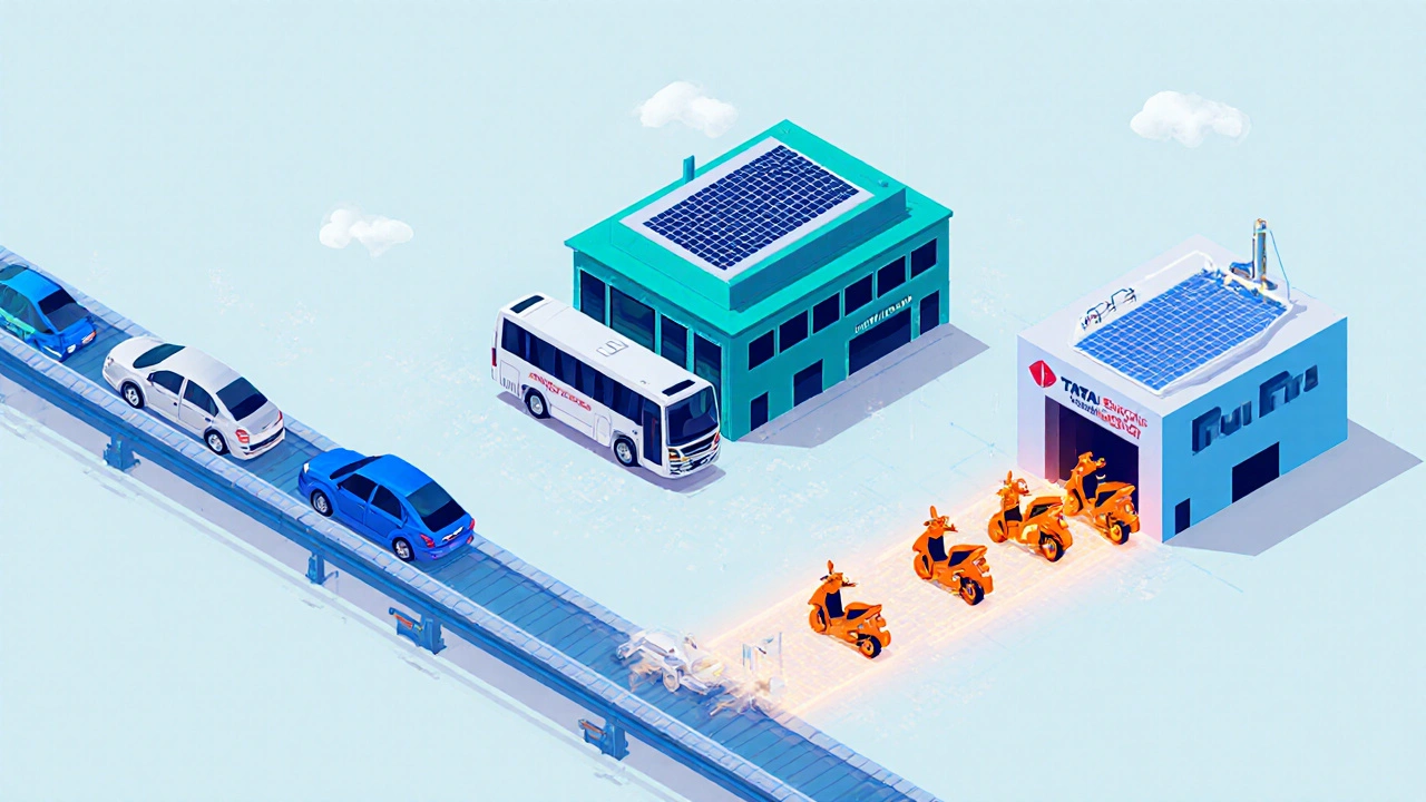 Isometric illustration showing Maruti, Tata, and Hero factories producing cars, trucks, and scooters.