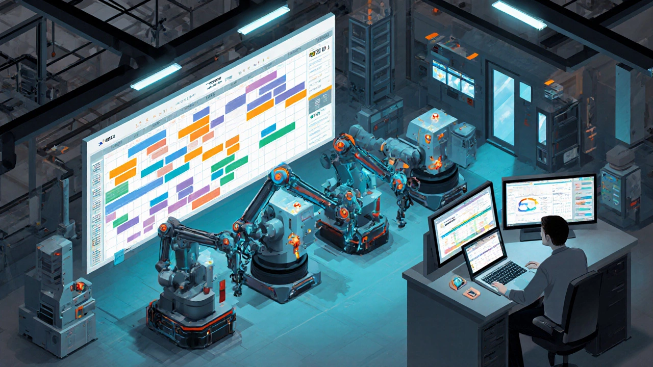 Isometric view of a factory floor showing MOM dashboards, machines, and scheduling board.