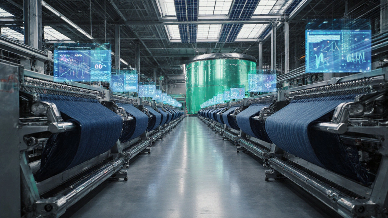 Modern eco‑denim factory interior with AI‑controlled looms, digital dashboards, and water‑recycling tank.