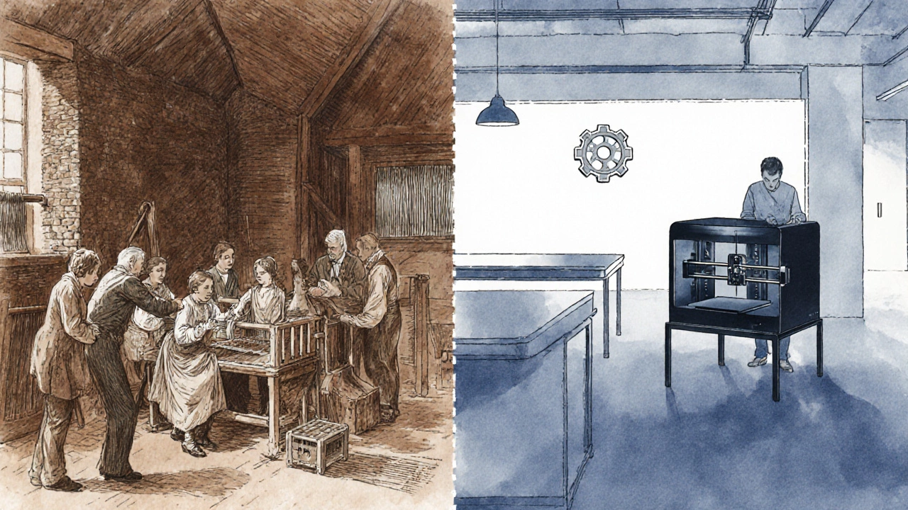 Split illustration of a historic cottage loom scene beside a modern 3D‑printing loft.