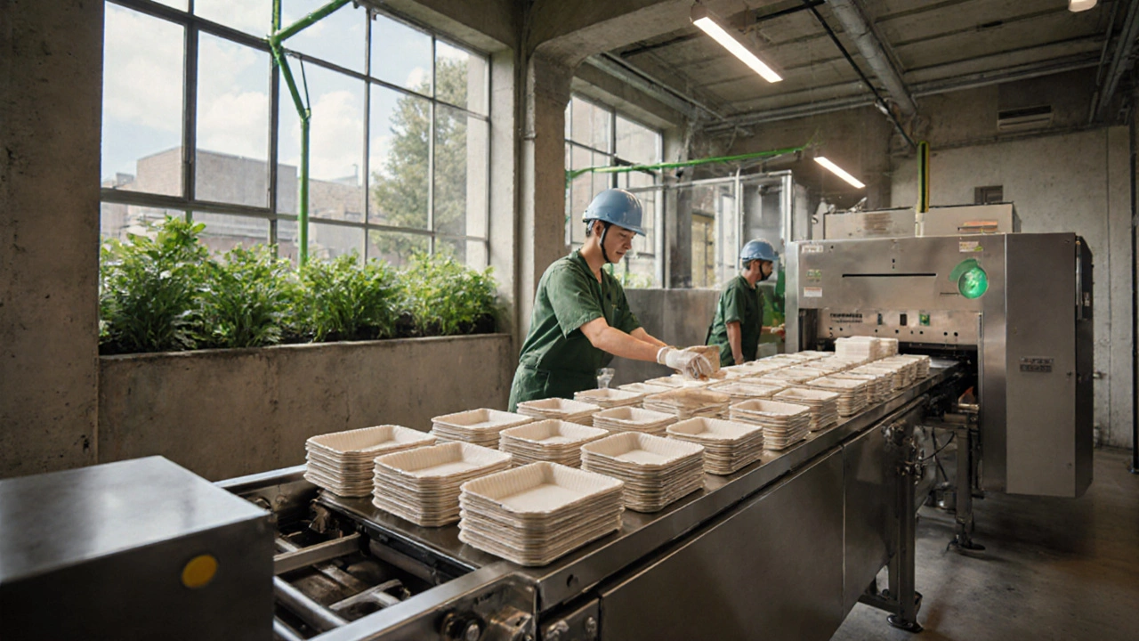 Sustainable factory line producing biodegradable trays with eco‑friendly workers.