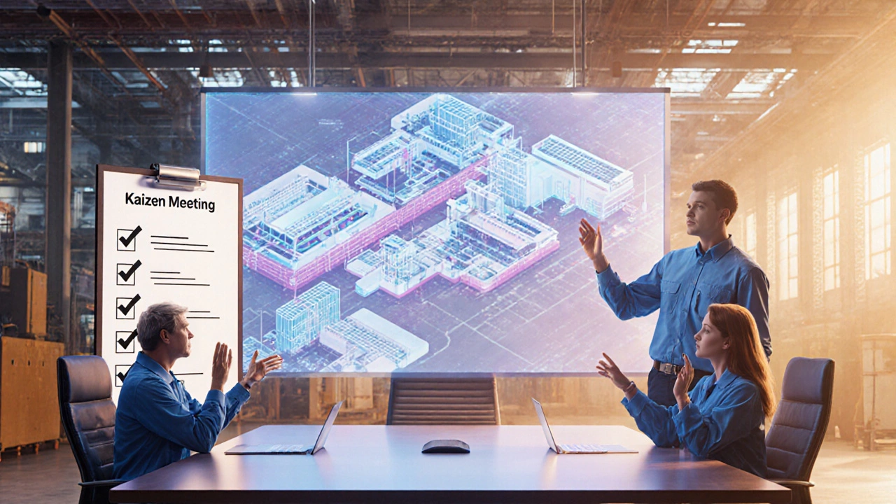 Team reviewing a digital twin of the plant during a Kaizen meeting.