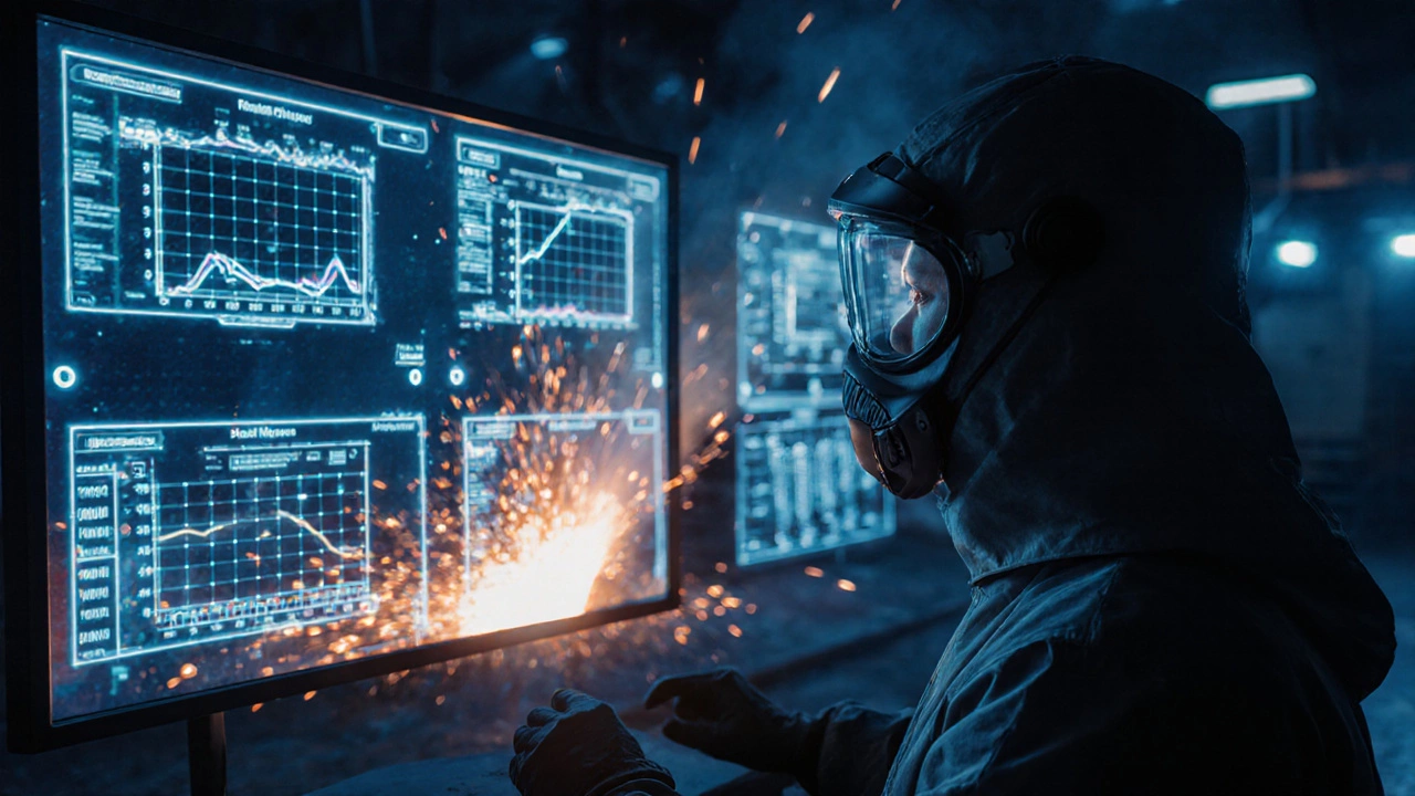 Technician monitoring AI-controlled furnace systems at ArcelorMittal&#039;s Dofasco facility in Canada.