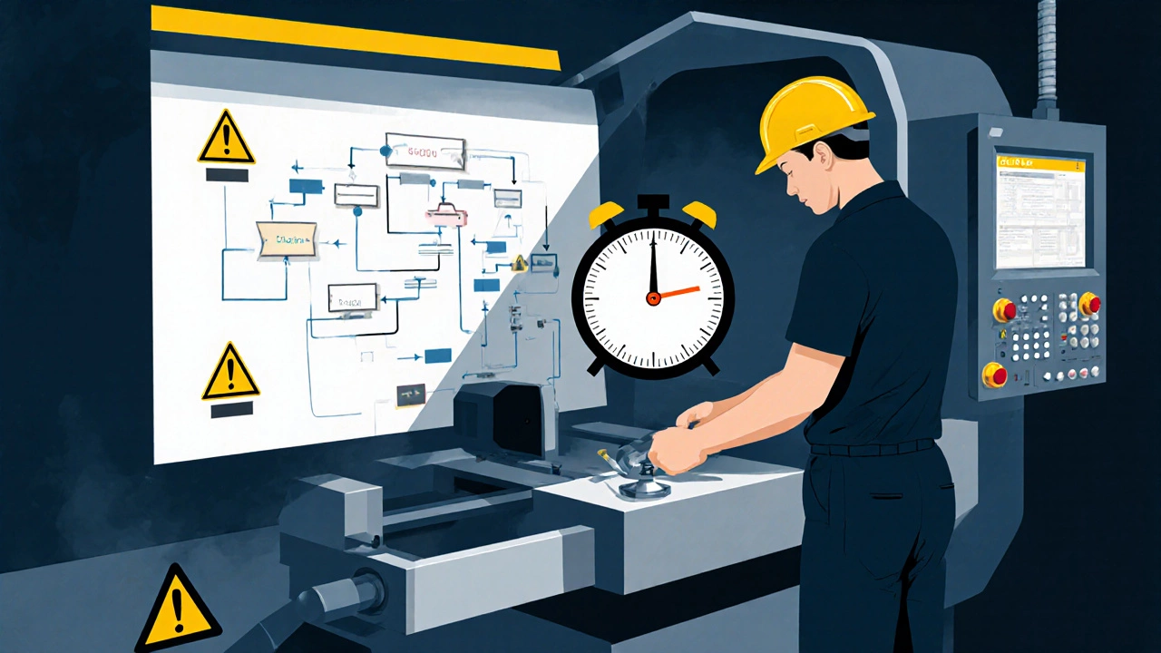 Technician performing a quick machine change‑over with a flowchart overlay.