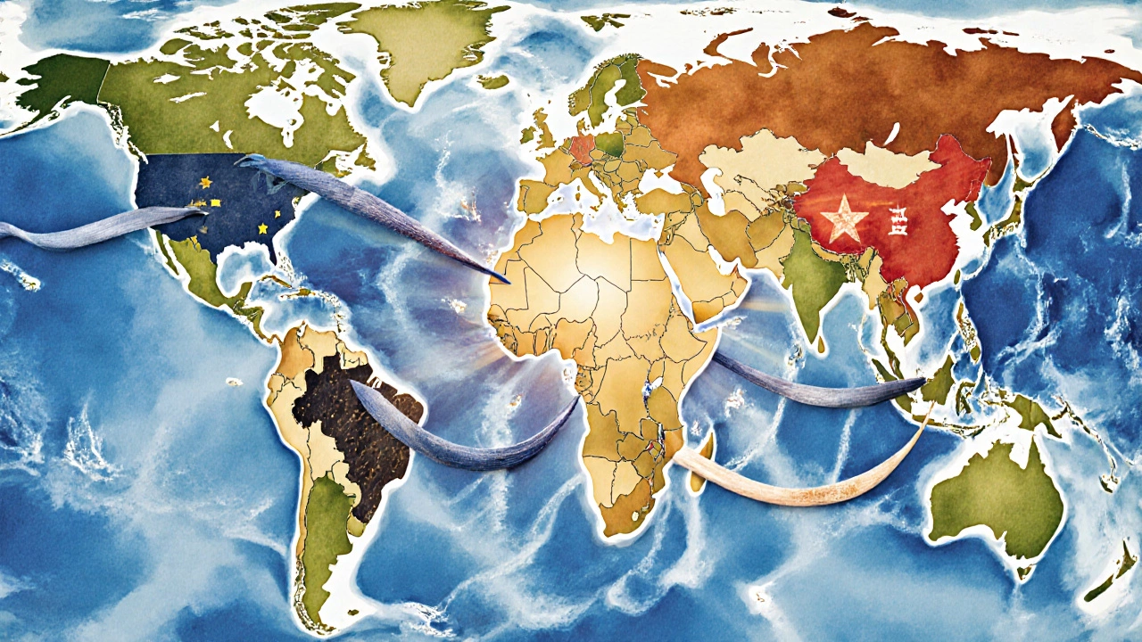 World map showing fabric ribbons flowing from India to five major export destinations.