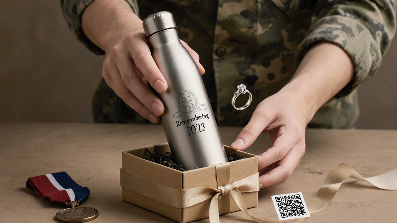 A custom engraved water bottle being packed as a heartfelt gift with symbolic items.