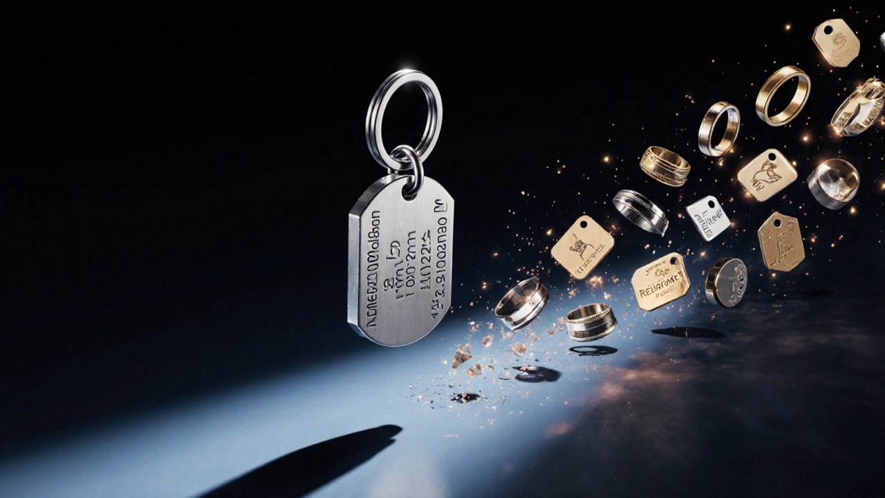 A single engraved keychain floating with a trail of personalized metal gifts dissolving into light.