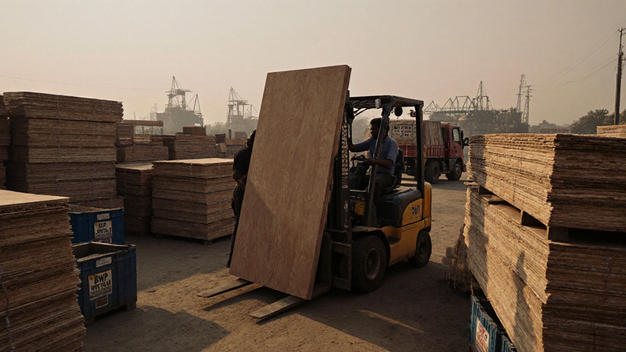 A worker loading BWP plywood sheets in a Coimbatore timber market with forklift and stacked panels.