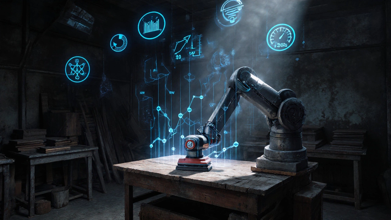 A workshop transforming from manual to automated production with glowing digital upgrades.