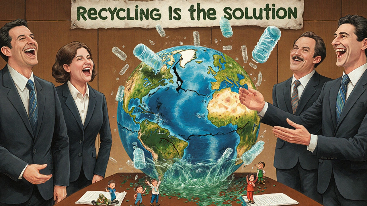 Corporate executives tossing plastic bottles into a cracking globe while tiny victims drown below.