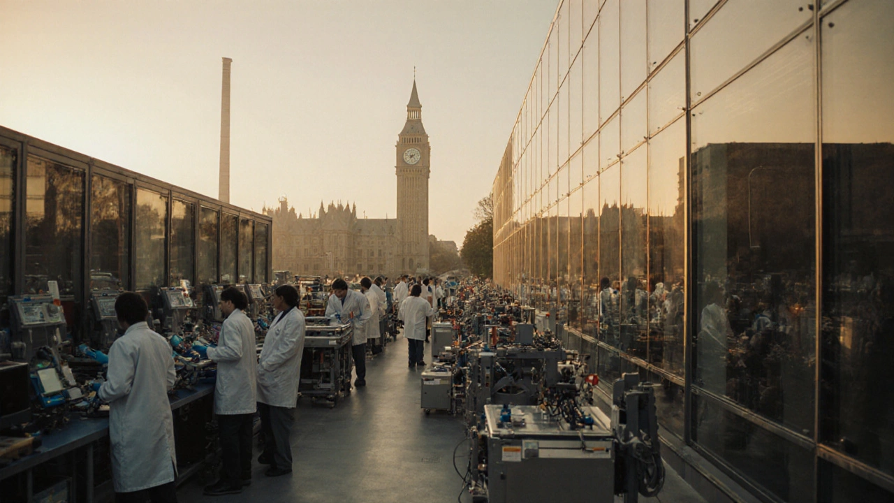 Engineers testing medical devices in a North Carolina manufacturing lab with university tower in background during golden hour.