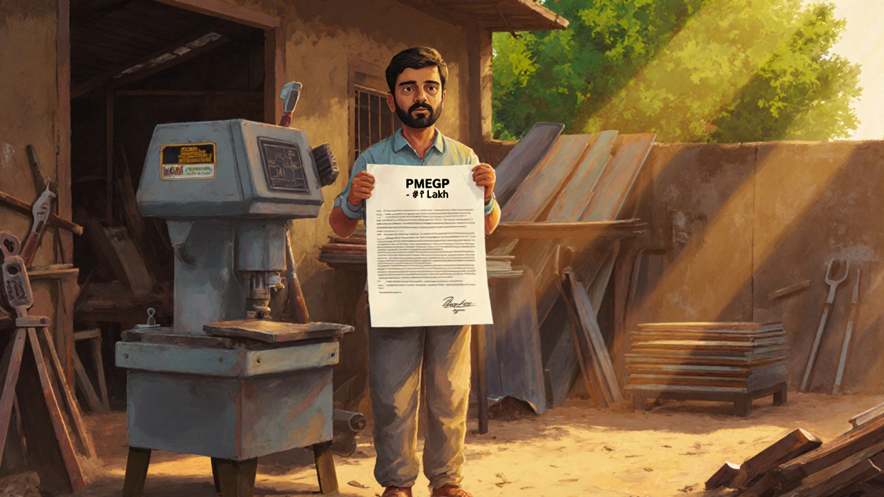 Entrepreneur beside a new CNC machine receiving a PMEGP government grant approval.