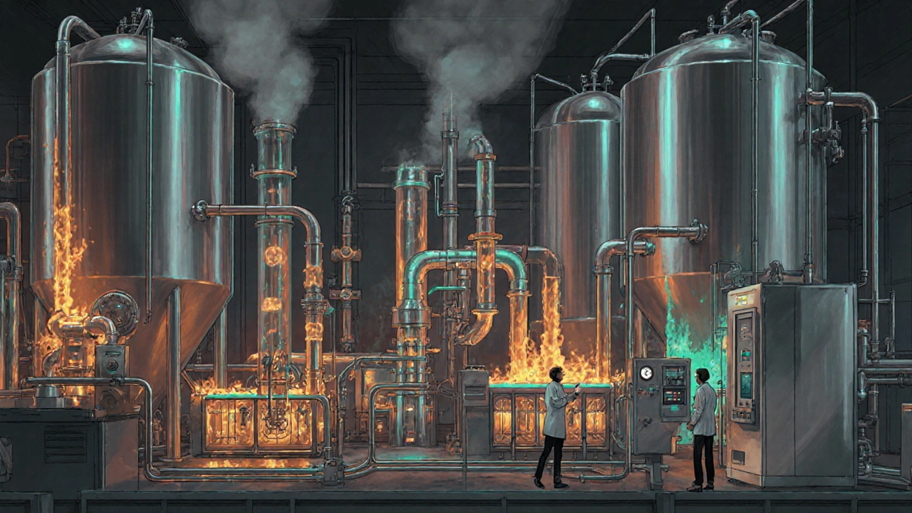 Industrial facility with tanks and pipes flowing with glowing liquids in continuous production.