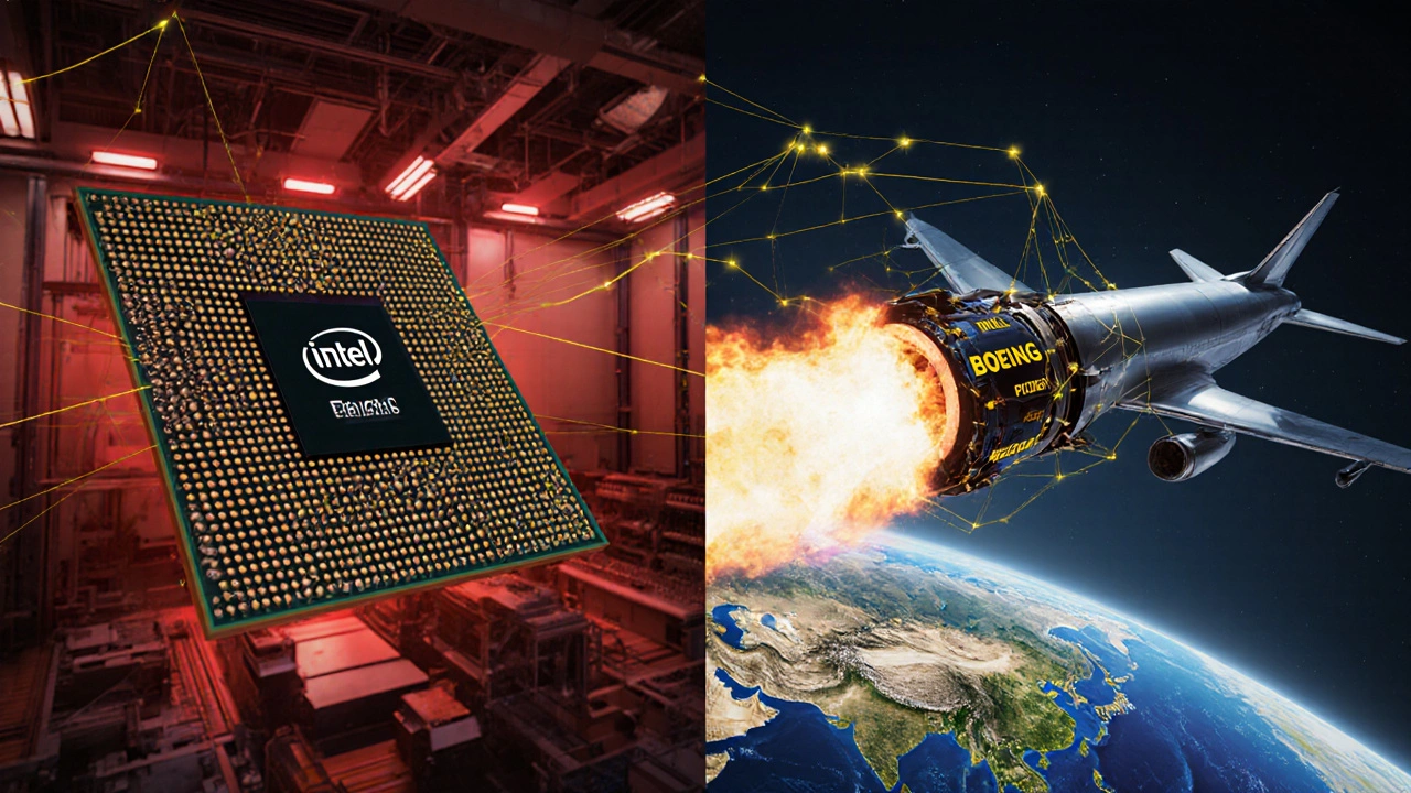Split image showing a semiconductor chip and jet engine with US innovation hubs glowing on a world map.