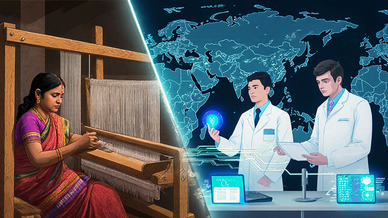 Split image showing traditional handloom weaver and high-tech lab testing smart fabrics, connected by data streams to global markets.