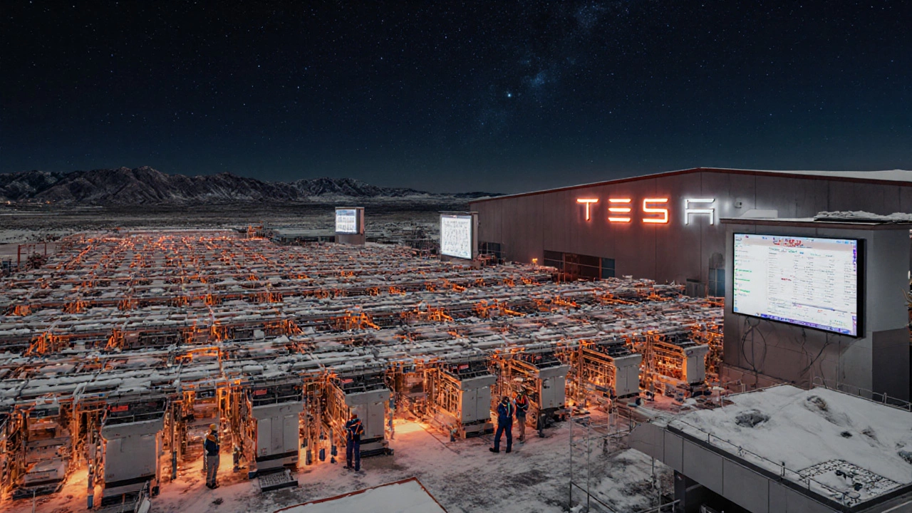 Tesla Gigafactory at night with automated battery lines glowing, workers monitoring robots under a starry sky.