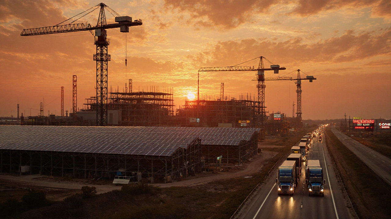 Texas manufacturing complex under construction at sunset with solar panels, semiconductors, and trucks on highway.