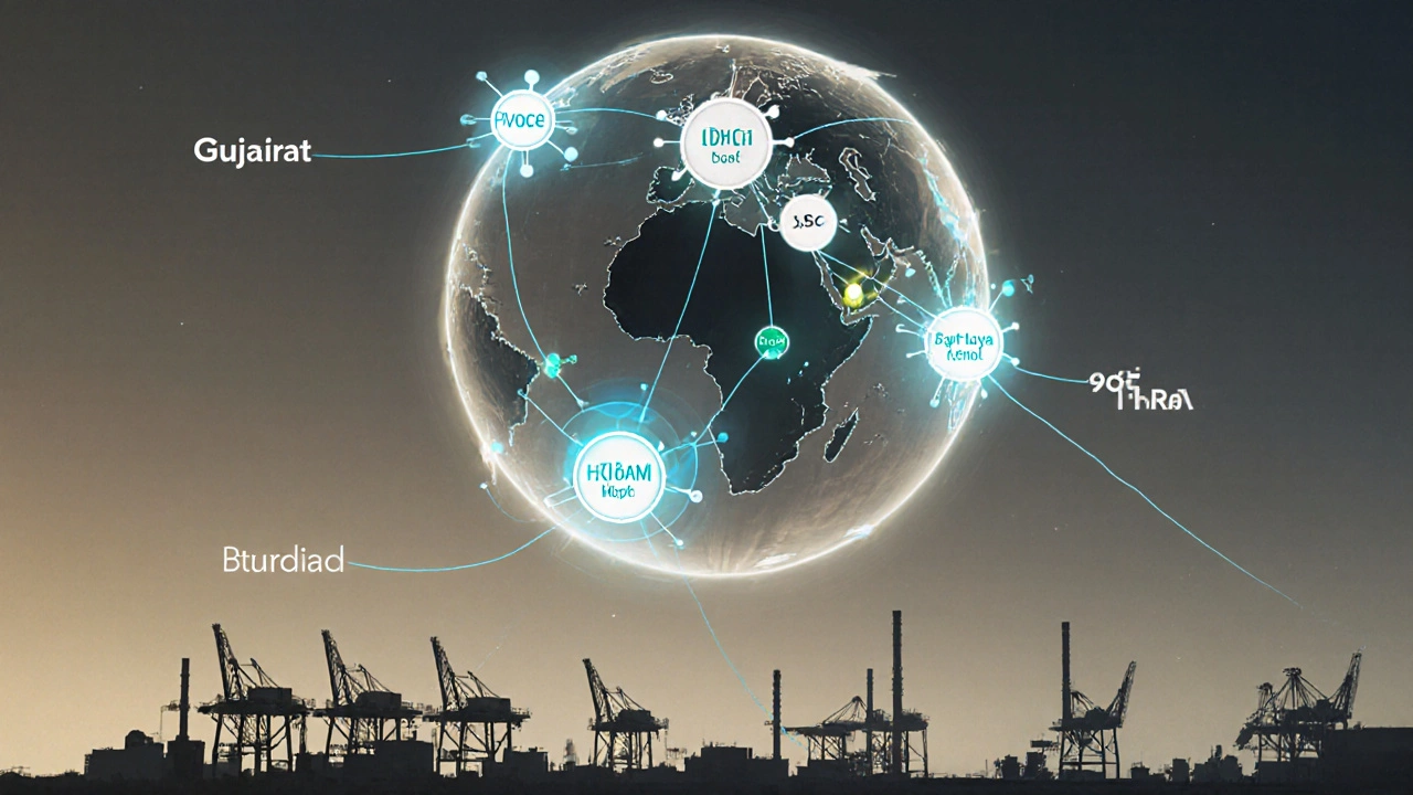 Transparent globe showing chemical molecules connected to global destinations above Gujarat&#039;s industrial coast.