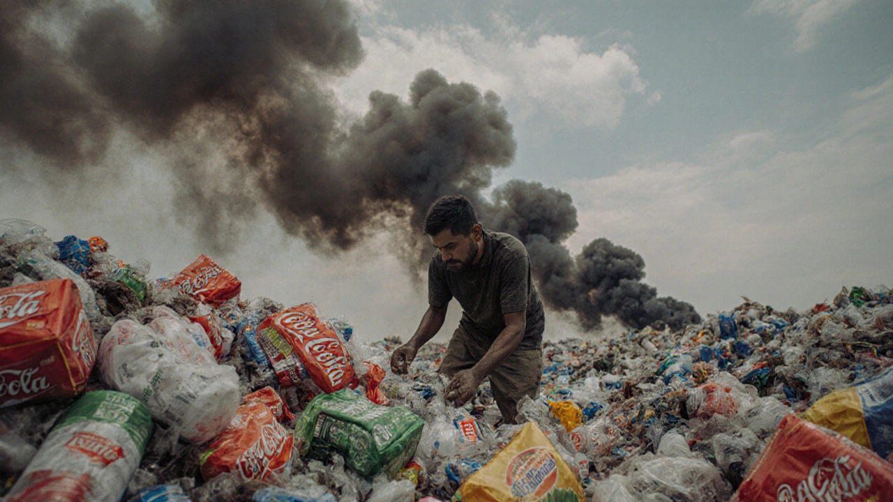 Worker sorting imported plastic waste in a polluted landfill, branded packaging visible among the debris.