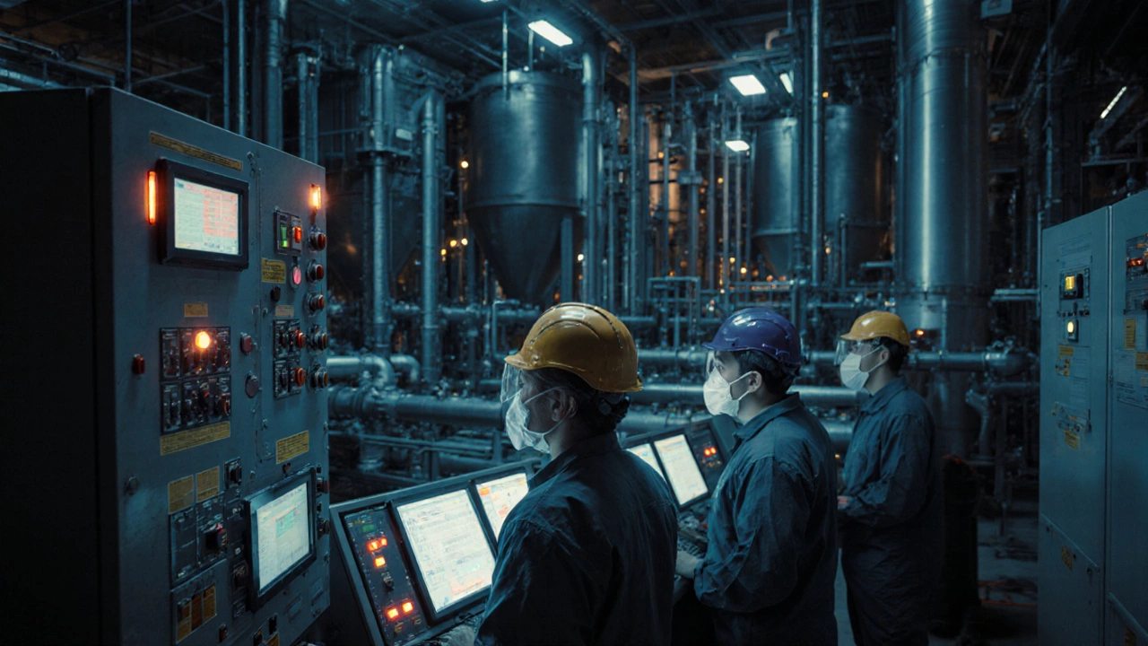 Workers in protective gear monitoring control panels in a high-tech petrochemical plant.