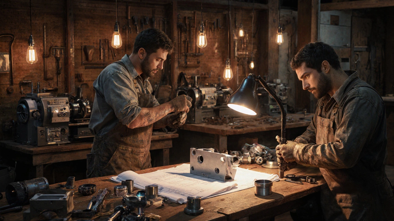 Workshop with machinists crafting custom metal parts on lathes and CNC machines.