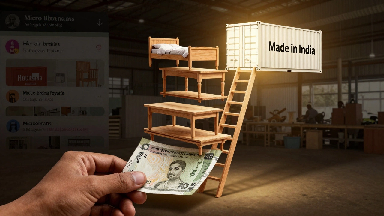 A hand transforming money into furniture pieces rising toward an export container, symbolizing profitable craftsmanship.